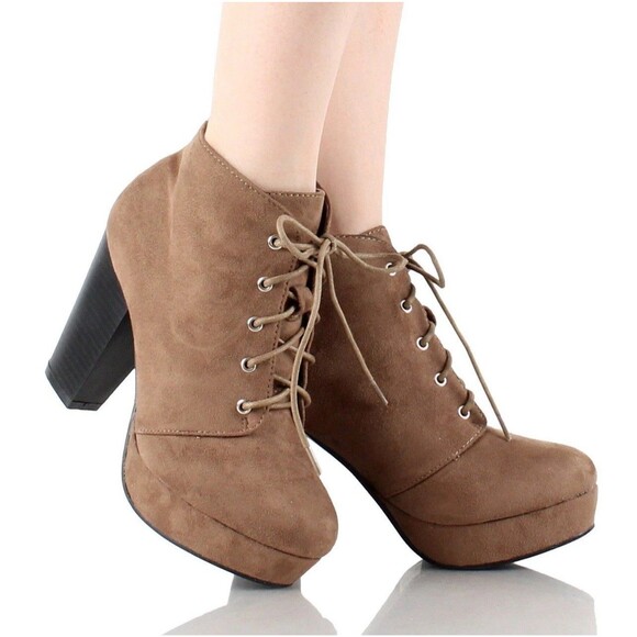 Forever Camille-86 Chunky Heel Platform Lace Up Ankle Booties Taupe SZ 8.5 NWOB - Picture 4 of 13